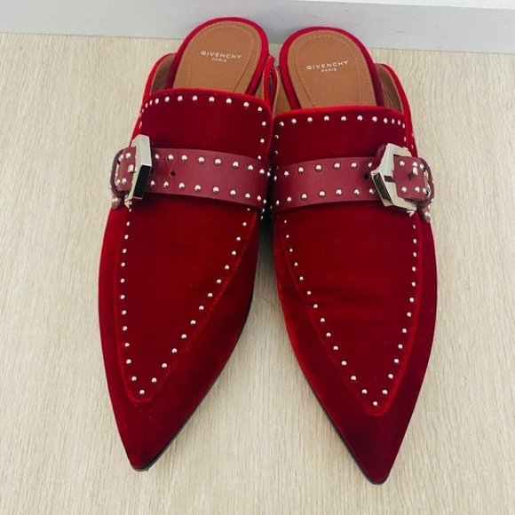 Givenchy Authentic Women's Burgundy Velvet Mules Size 39.5 Flat Slip On Shoes - Picture 4 of 10